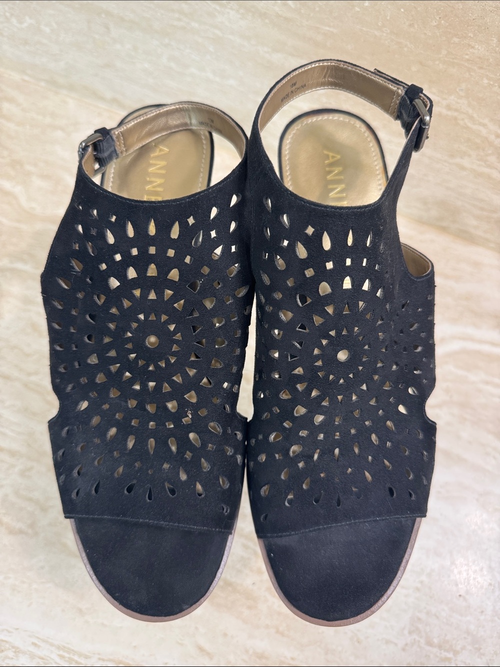 Anne Klein Black Laser-Cut Open-Toe Ankle Strap Sandals